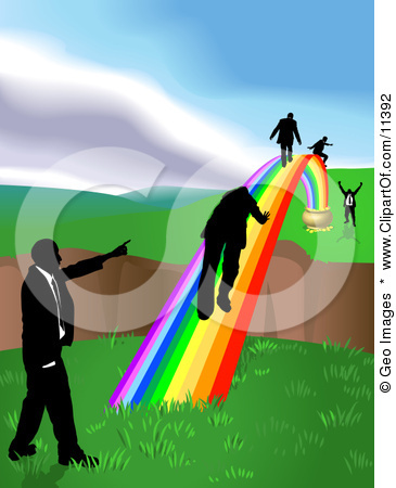 11392-Men-Walking-On-A-Rainbow-To-Cross-A-Ravine-Clipart-Illustr