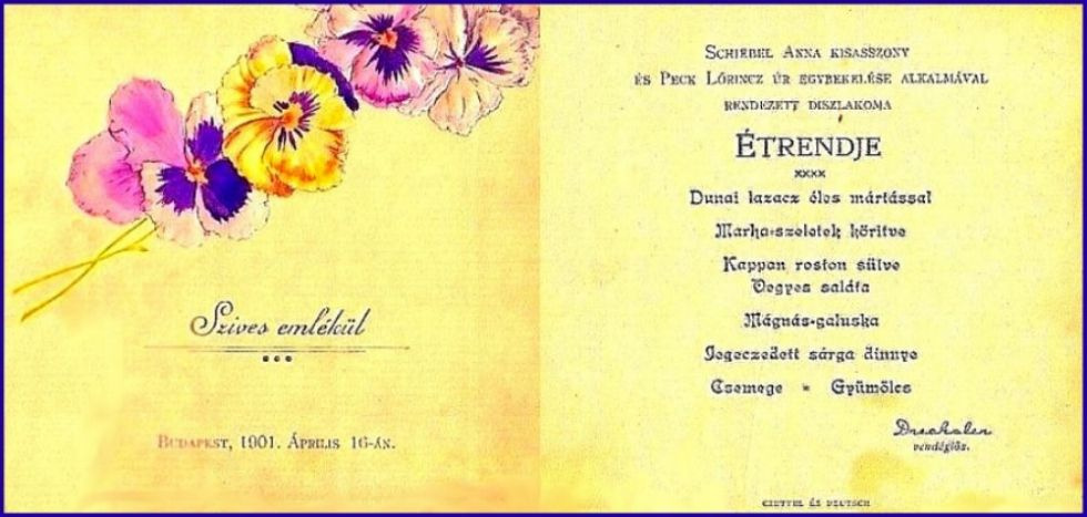 Schiebl Anna kisasszony és Peck Lőrincz úr esküvői menűkártyája 