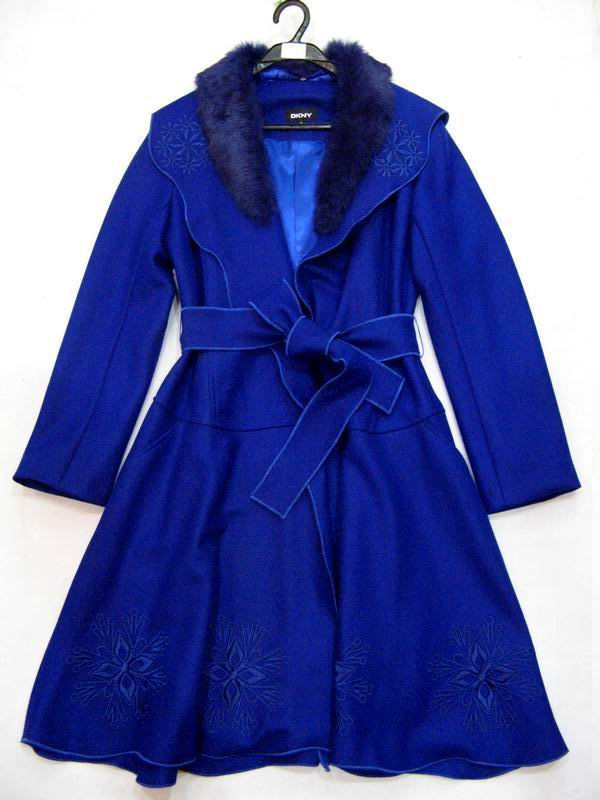 91006B-19  DKNY BLUE WOOL RABBIT COLLAR OVERCOAT SIZE 2 4 6 PRIC